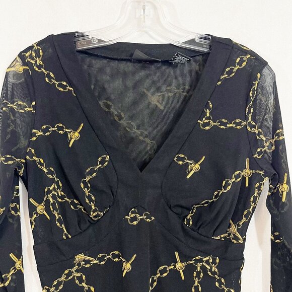 Vintage Y2K Black & Gold Chain Link Print Mesh Long Sleeve V-Neck Top MEDIUM - Picture 3 of 7